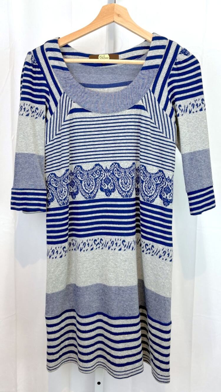 EVA FRANCO 4 Striped Knit Shimmer Dress Scoop Neck Elbow 3/4 Sleeve Blue Gray
